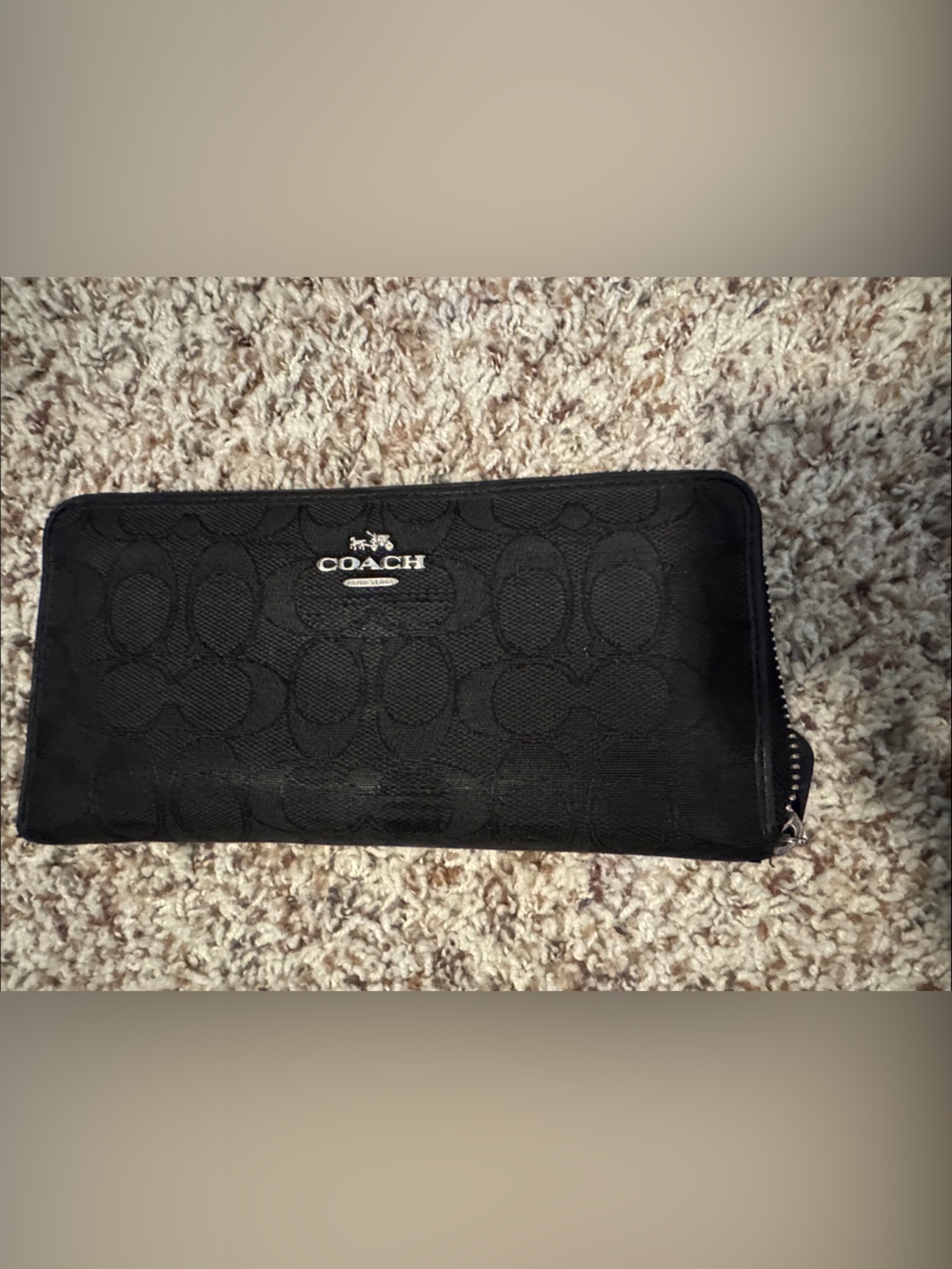 Coach Black Signature Zip Wallet with Silver Logo